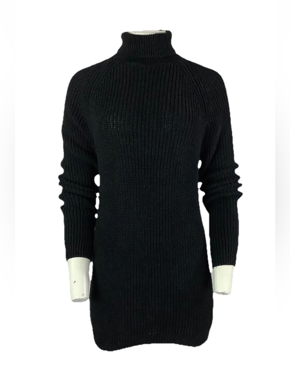 Zara Sz M 100% Cotton Heavy Knit Turtleneck Pullover Tunic Sweater Black